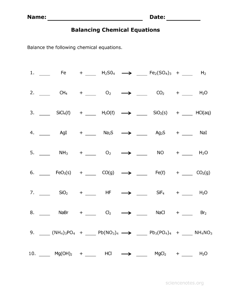 Balancing Equations Printable Worksheet Balancing Equations Chemistry Printable Worksheet