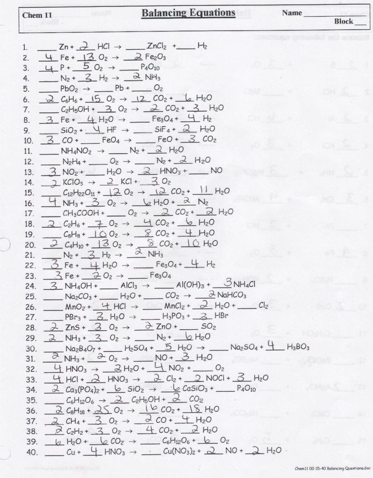 Balancing Chemical Equations Worksheet Answer Key 1 25