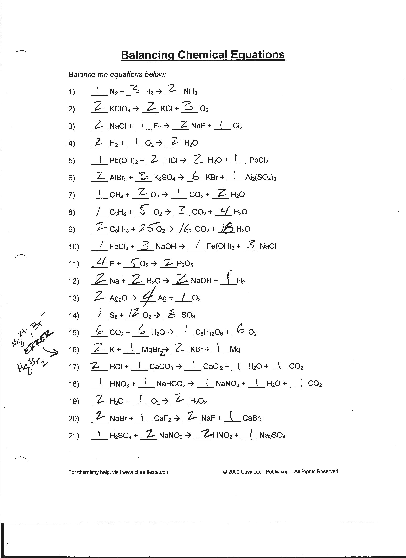 Balancing Chemical Equations Worksheet Answers 110