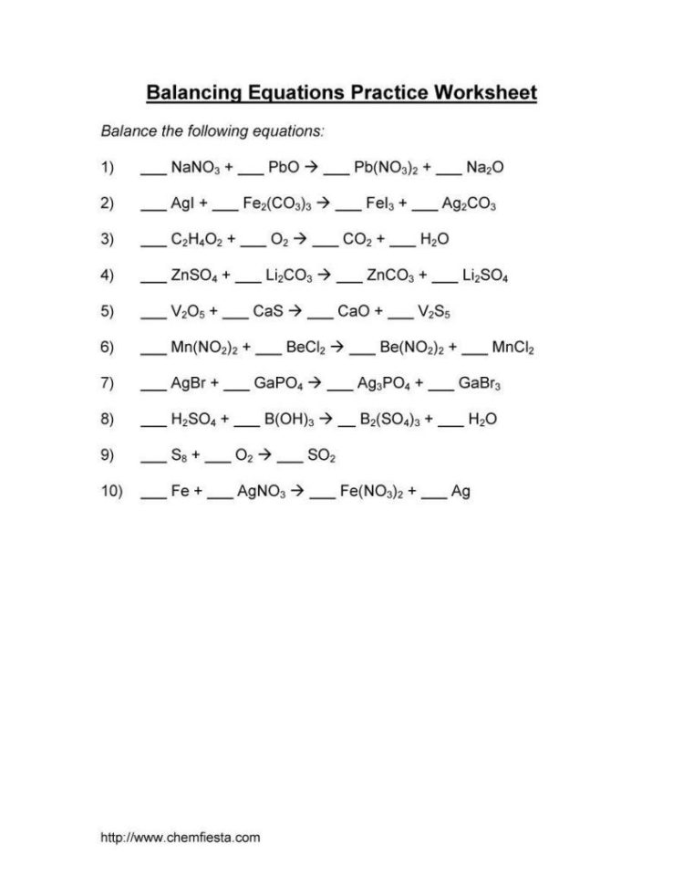 Balancing Chemical Equations Worksheet Grade 10 06 Chemistry