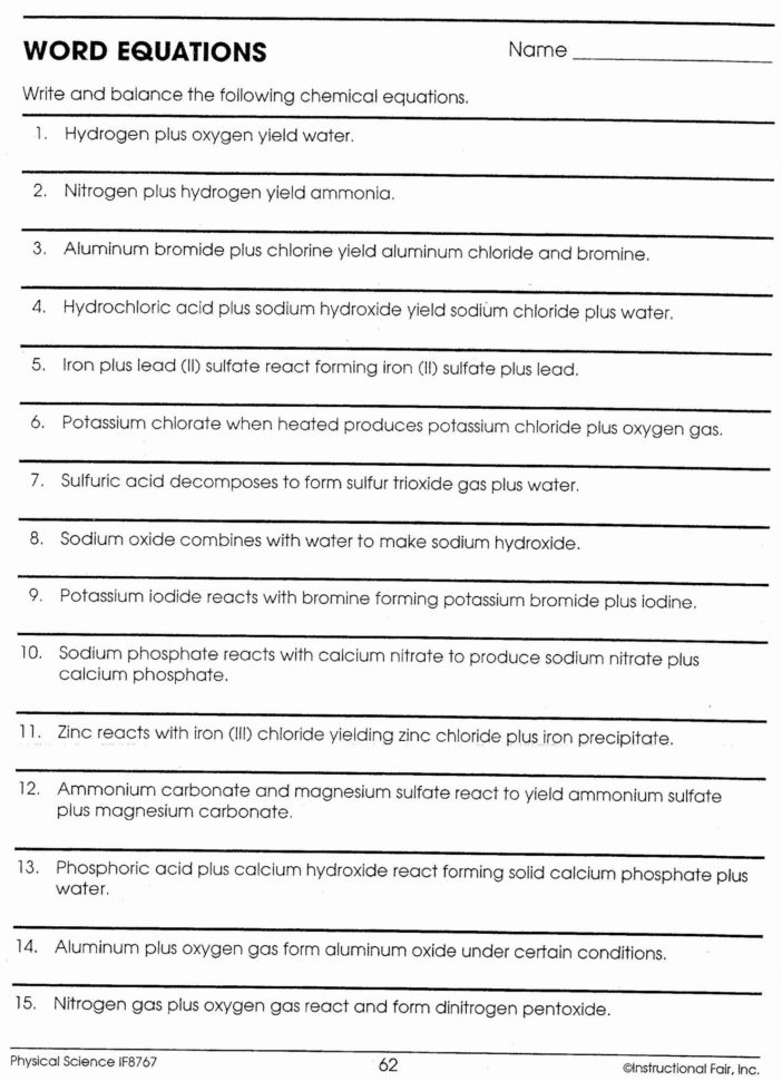 Balancing Chemical Equations Worksheet Grade 10