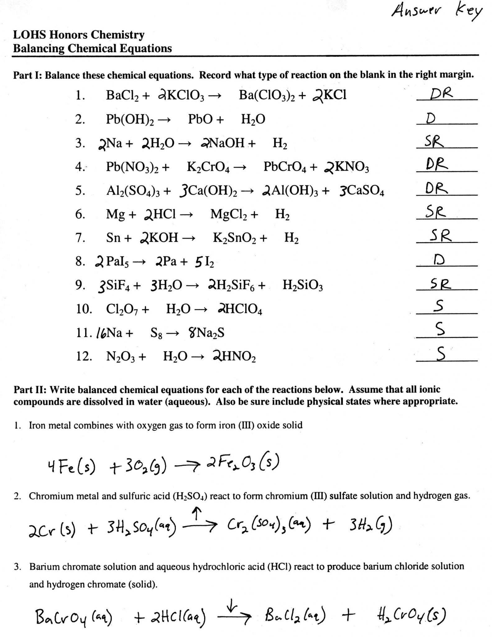 Types Of Reactions Worksheet Then Balancing Answers