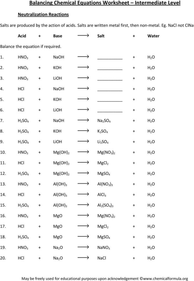 Balancing Chemical Equations Worksheet Intermediate Level  Pdf