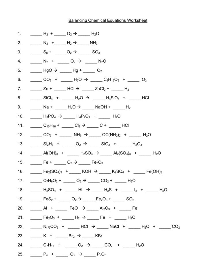 Balancing Chemical Equations Worksheet  O Æ H O