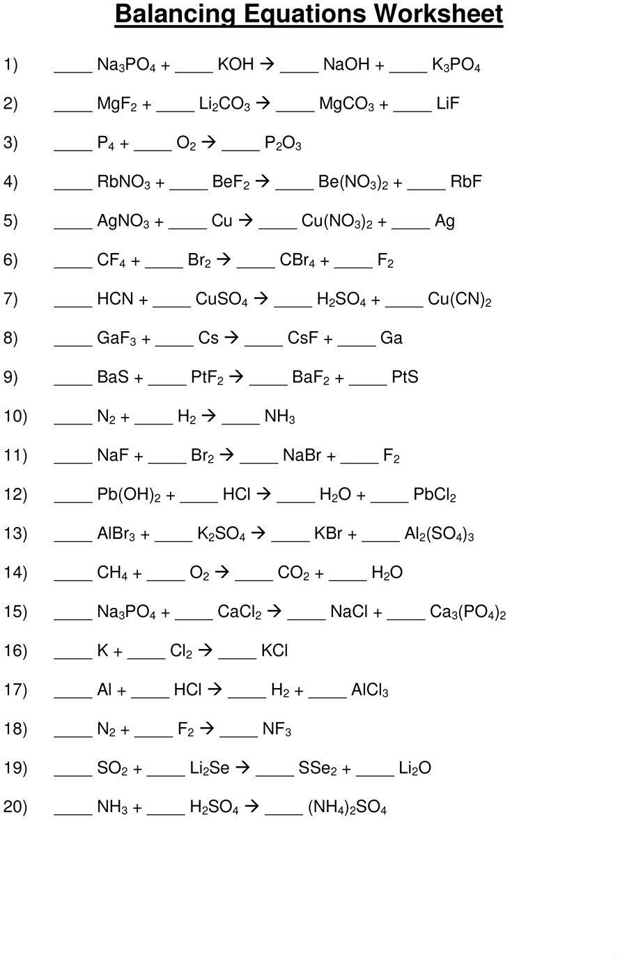 Balancing Chemical Equations Worksheets With Answers