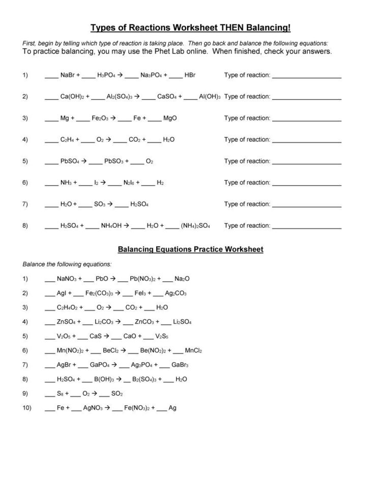 Balancing Chemical Equations Worksheets With Answers