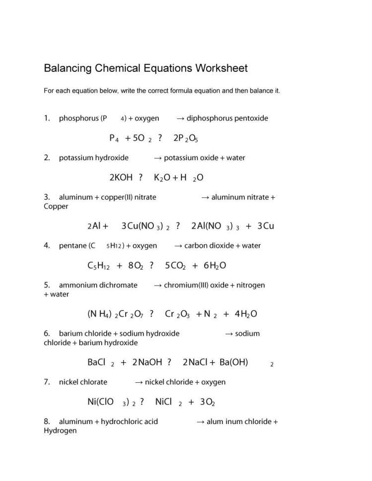 Balancing Chemical Equations Worksheets With Answers