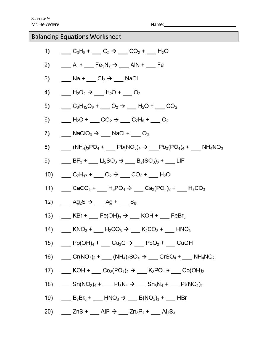 Balancing Chemical Equations Worksheets With Answers Reaction