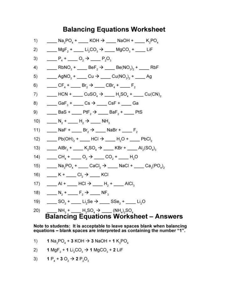 Balancing Chemical Equations Worksheet Answer Key