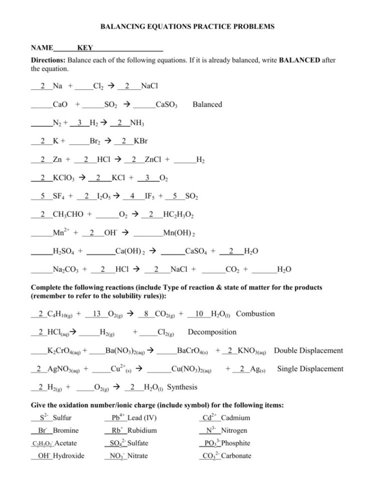 Balancing Equations Practice Problems Chemical Reactions