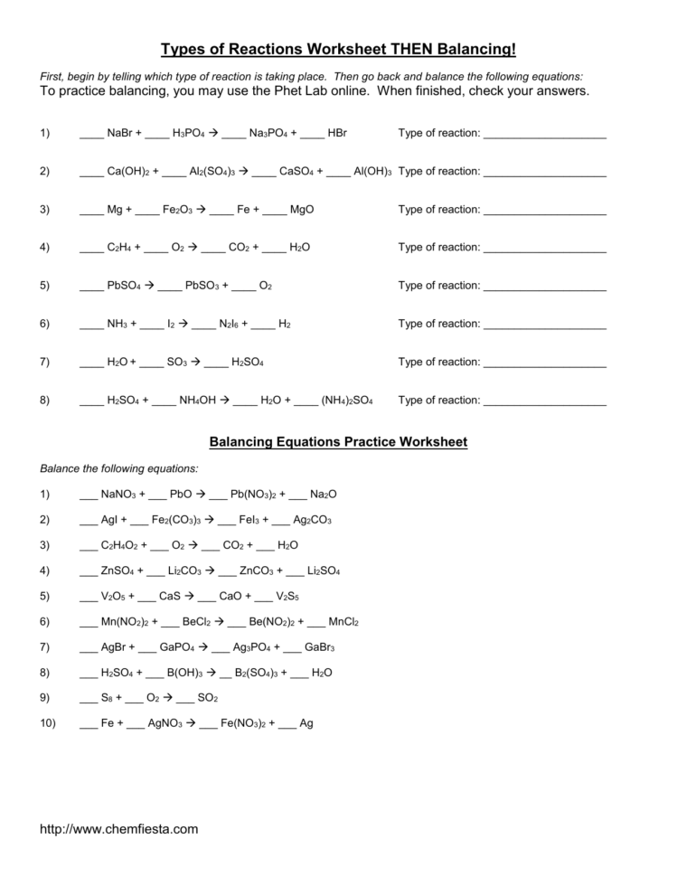 Balancing Equations Practice Worksheet