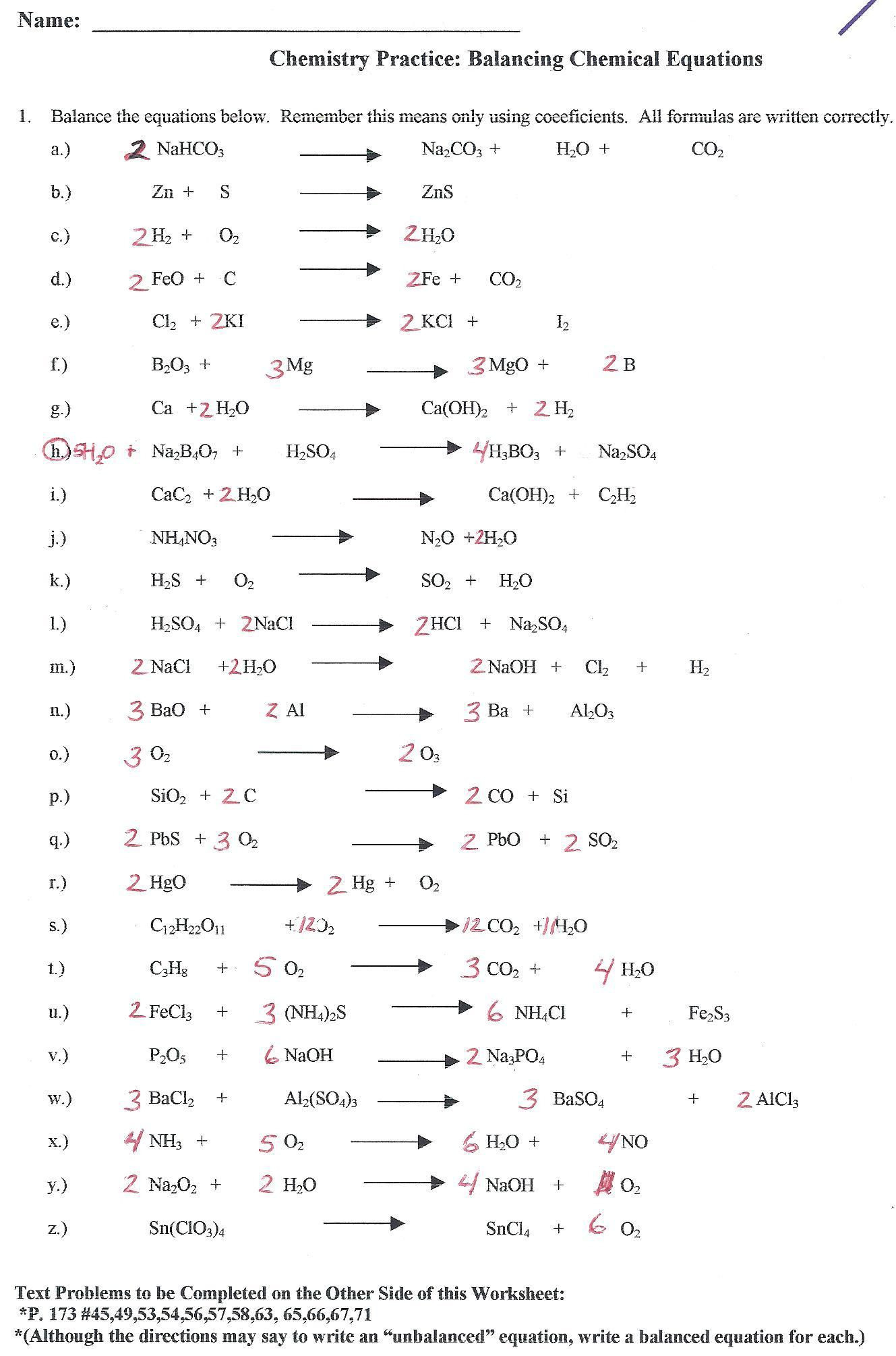 Balancing Equations Race Worksheet Answers Db excel