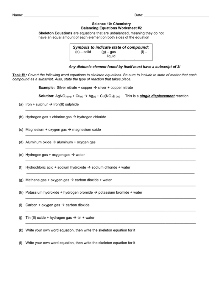 Balancing Equations – Word Equations To