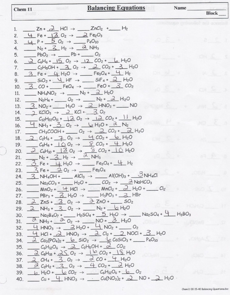 Balancing Equations Worksheet 1