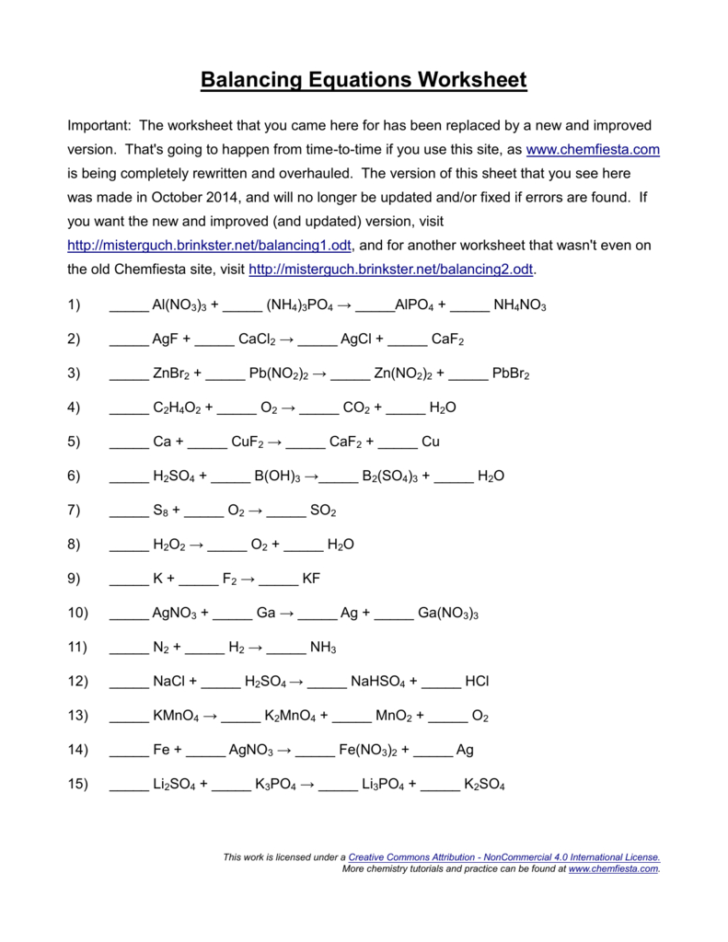 Balancing Equations Worksheet — Db