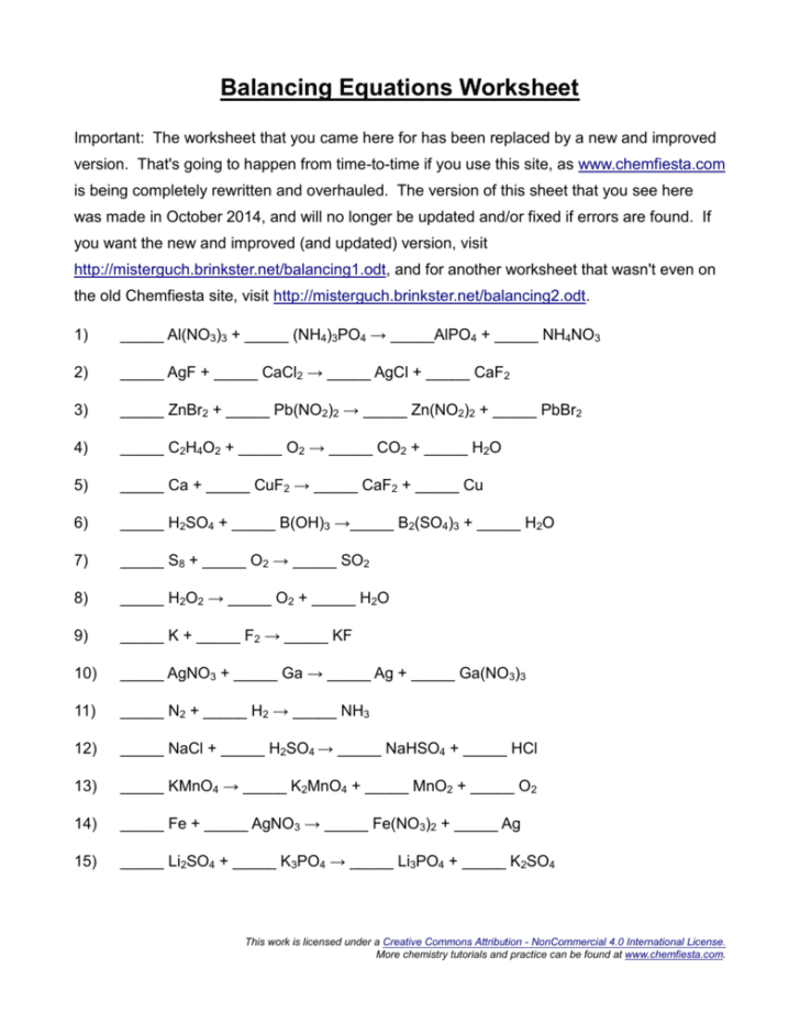 Balancing Equations Practice Worksheet Answer Key — db-excel.com