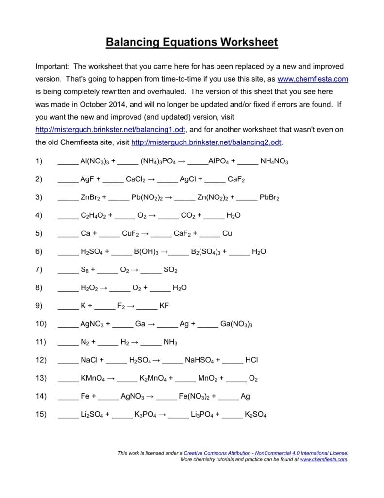 Worksheet Balancing Equations Answers