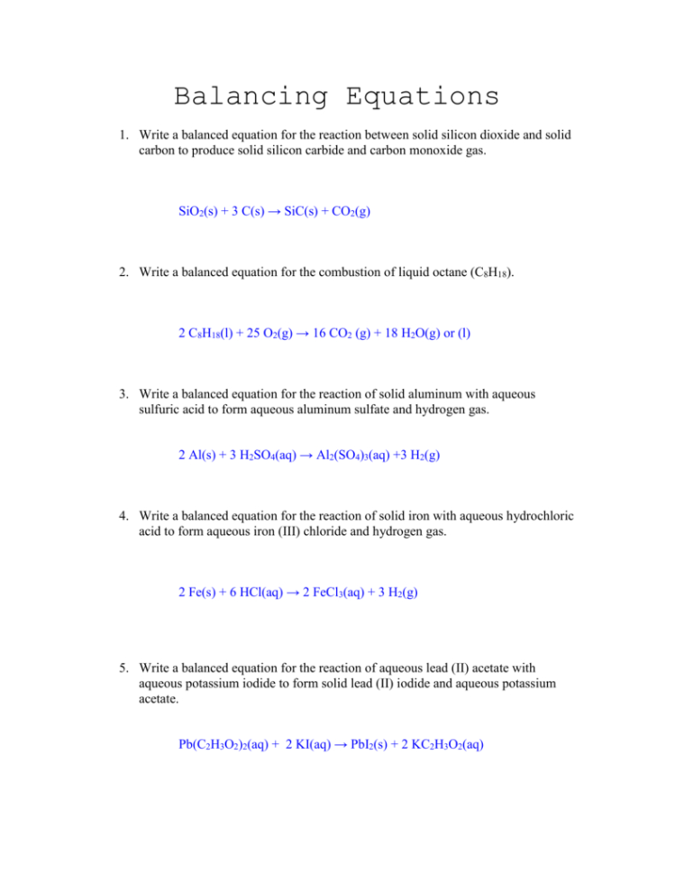 Balancing Equations Worksheet Answers