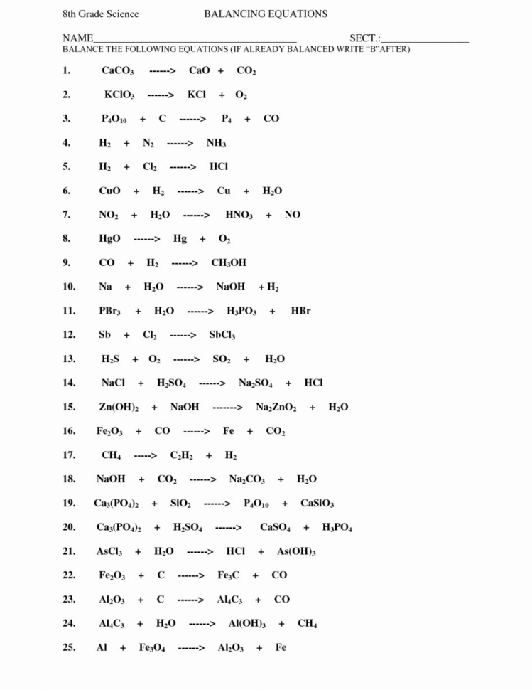 Balancing Equations Worksheet Key Balancing Chemical