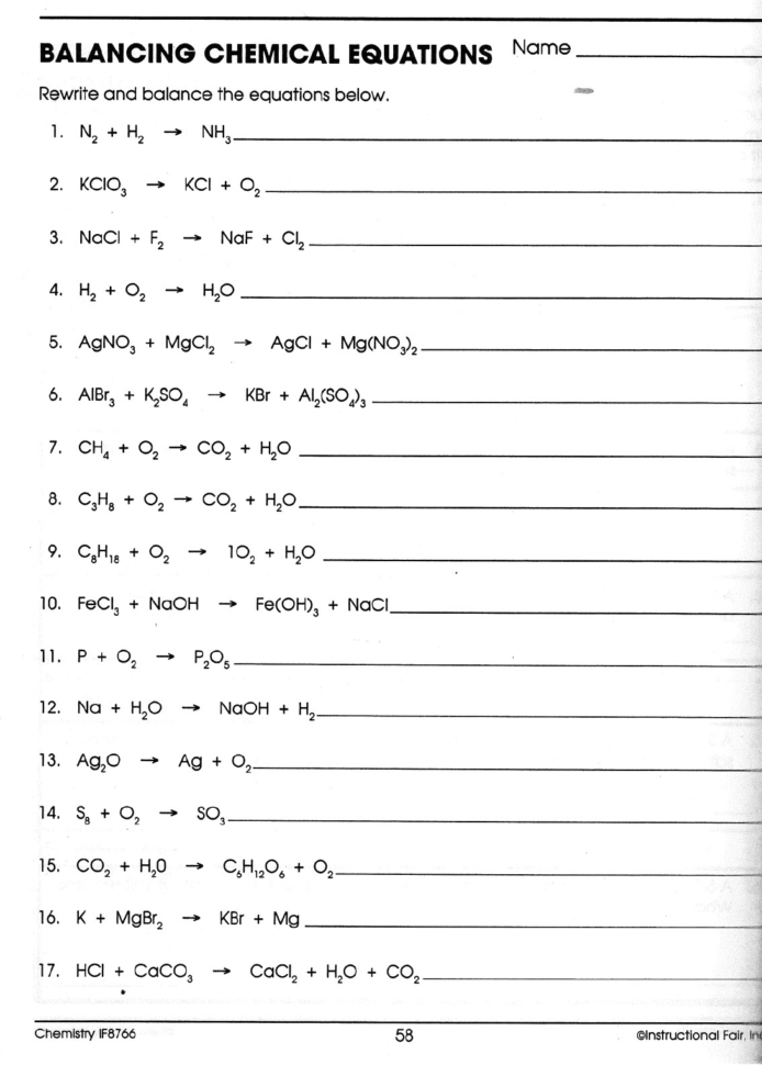 Balancing Equations Worksheet Physical Science If8767  Inspiracao