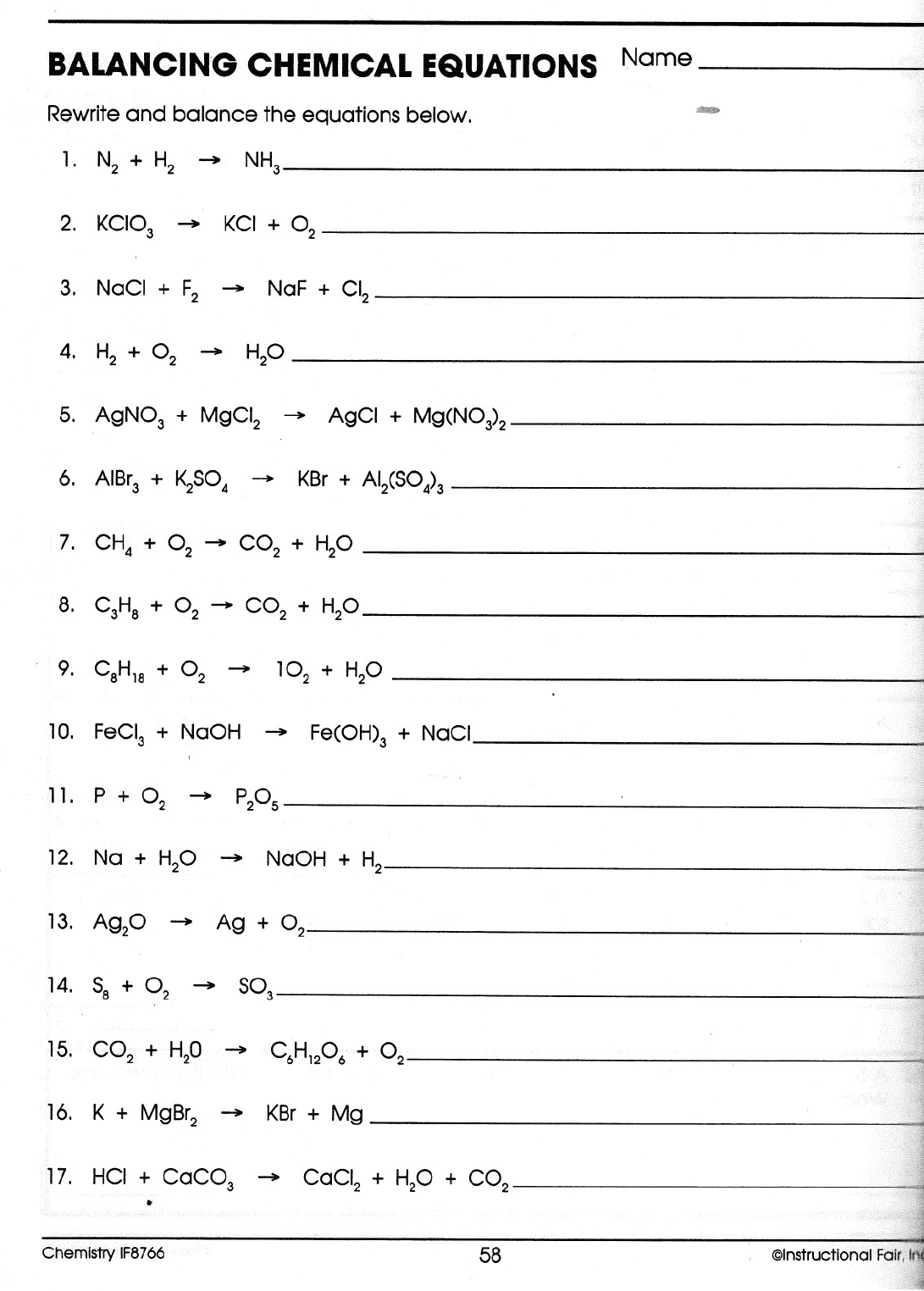 Balancing Equations Worksheet Physical Science If8767 ...