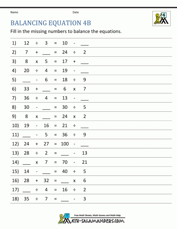 Finding The Missing Number In An Equation Worksheets