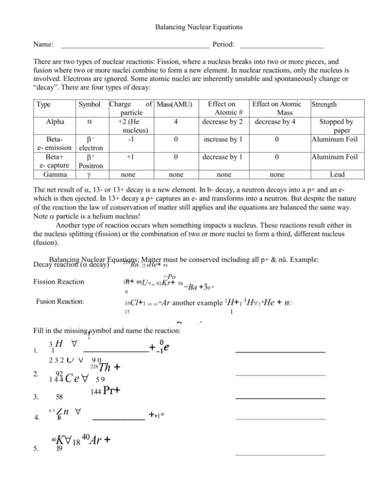 Balancing Nuclear Reactions Worksheet db excel com