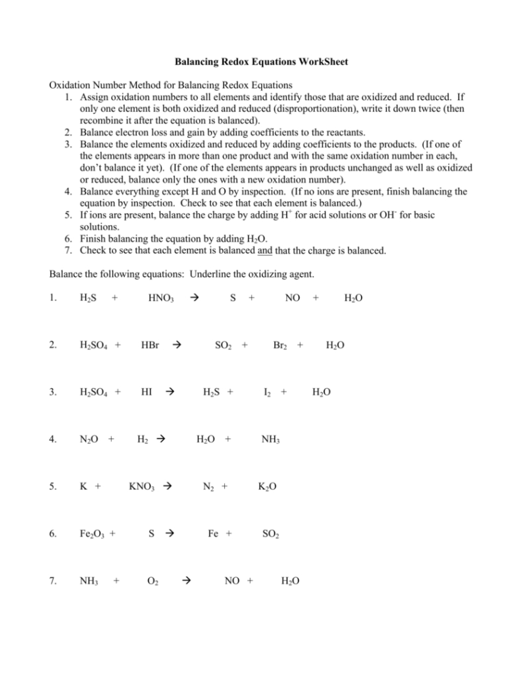 Balancing Redox Equations Worksheet