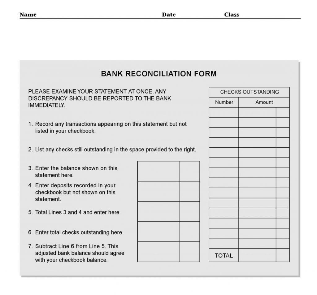 Bank Reconciliation Worksheet Excel  Statement
