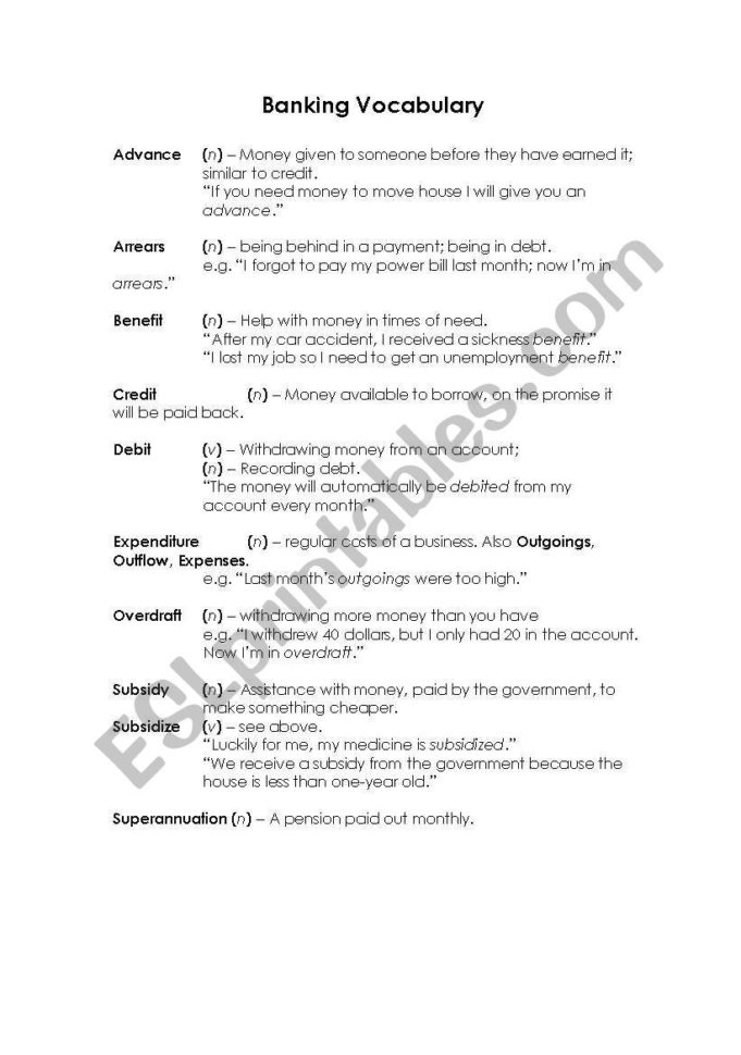 Banking Vocabulary  Esl Worksheetryuubu