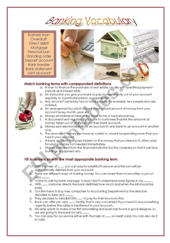 Banking Vocabularywith Answers  Esl Worksheetsemenovna