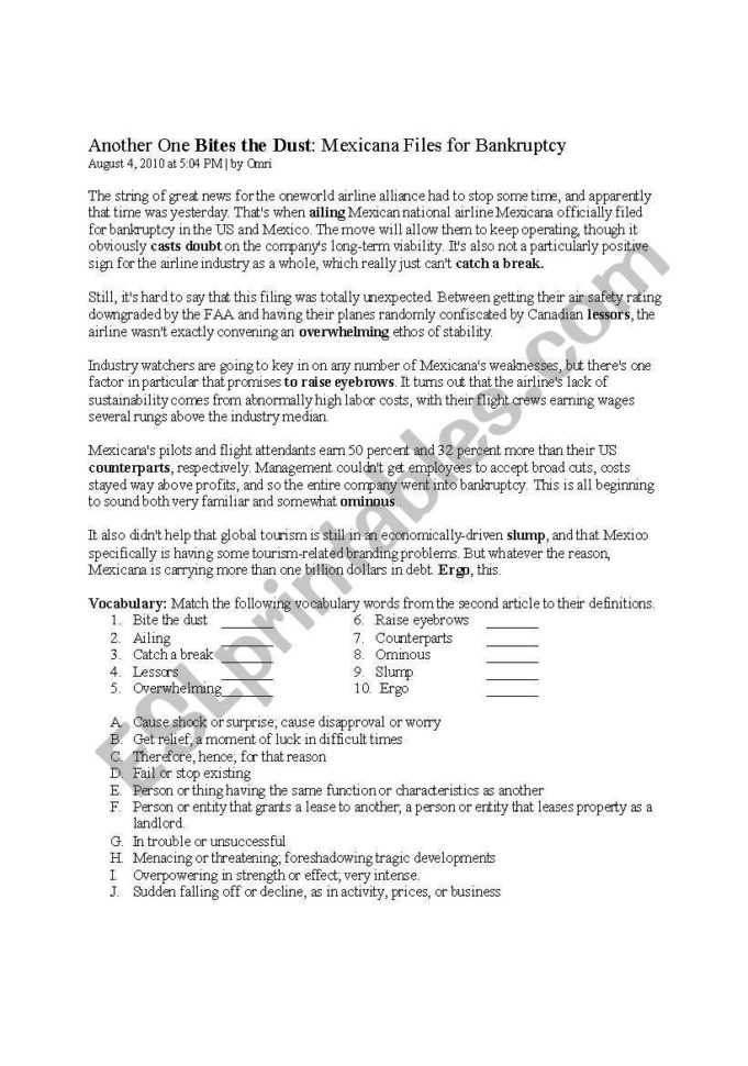 Bankruptcy  Esl Worksheetmhayashi