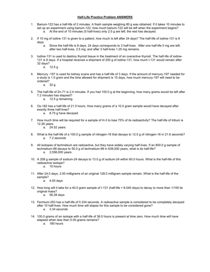 Half Life Practice Worksheet