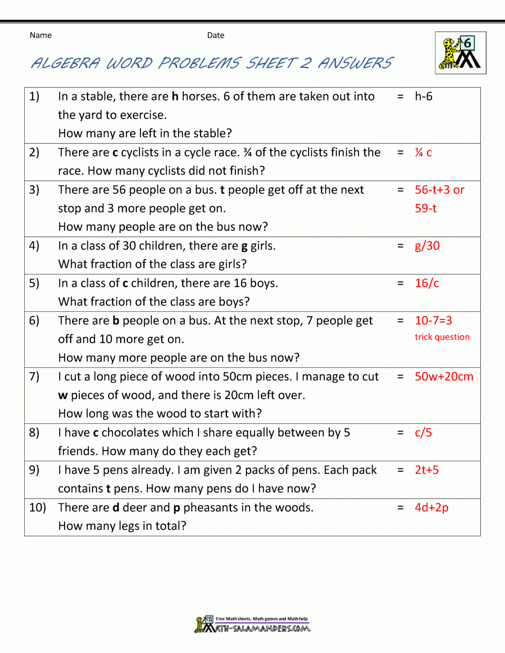 Algebra Word Problems Worksheet Pdf