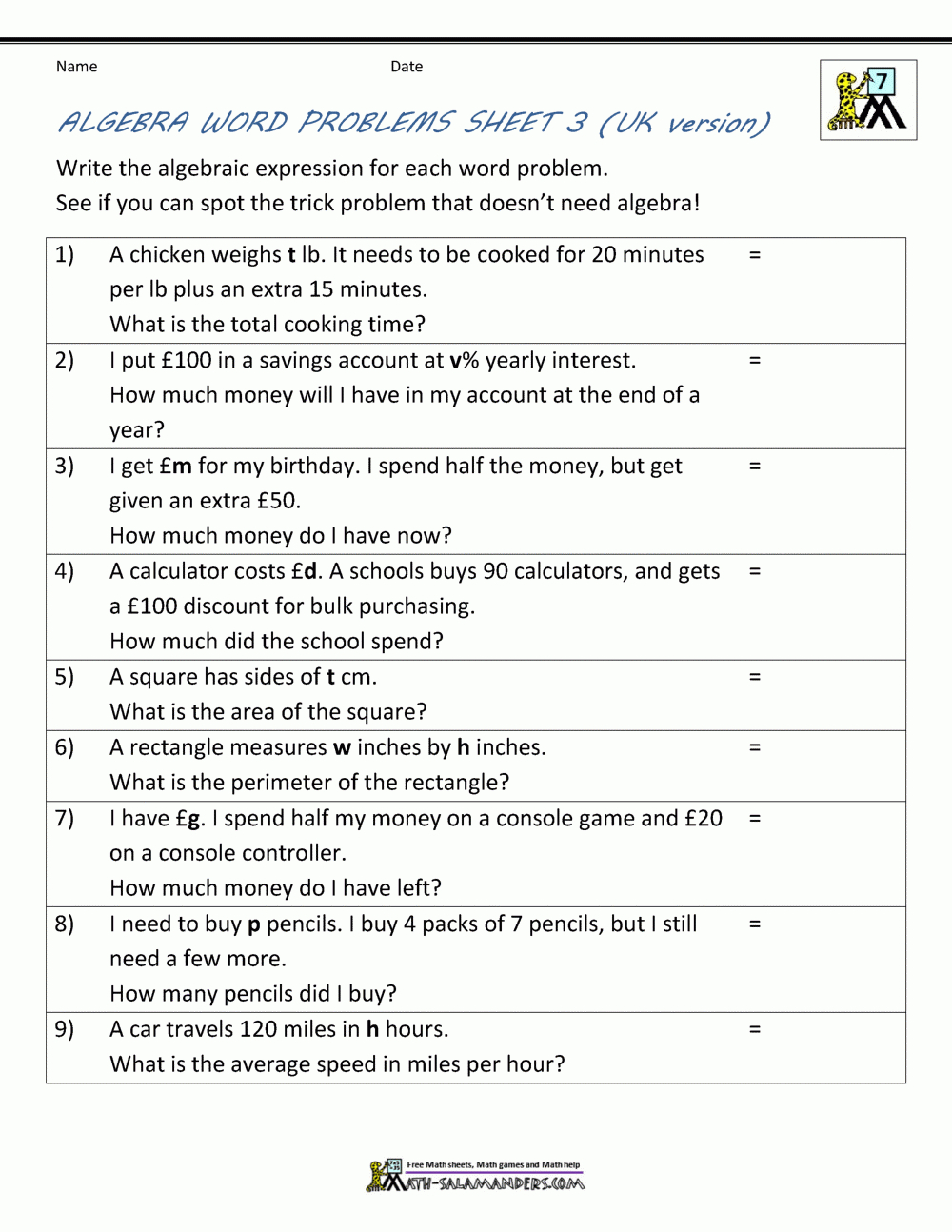 Writing Algebraic Expressions Worksheet Pdf Db excel