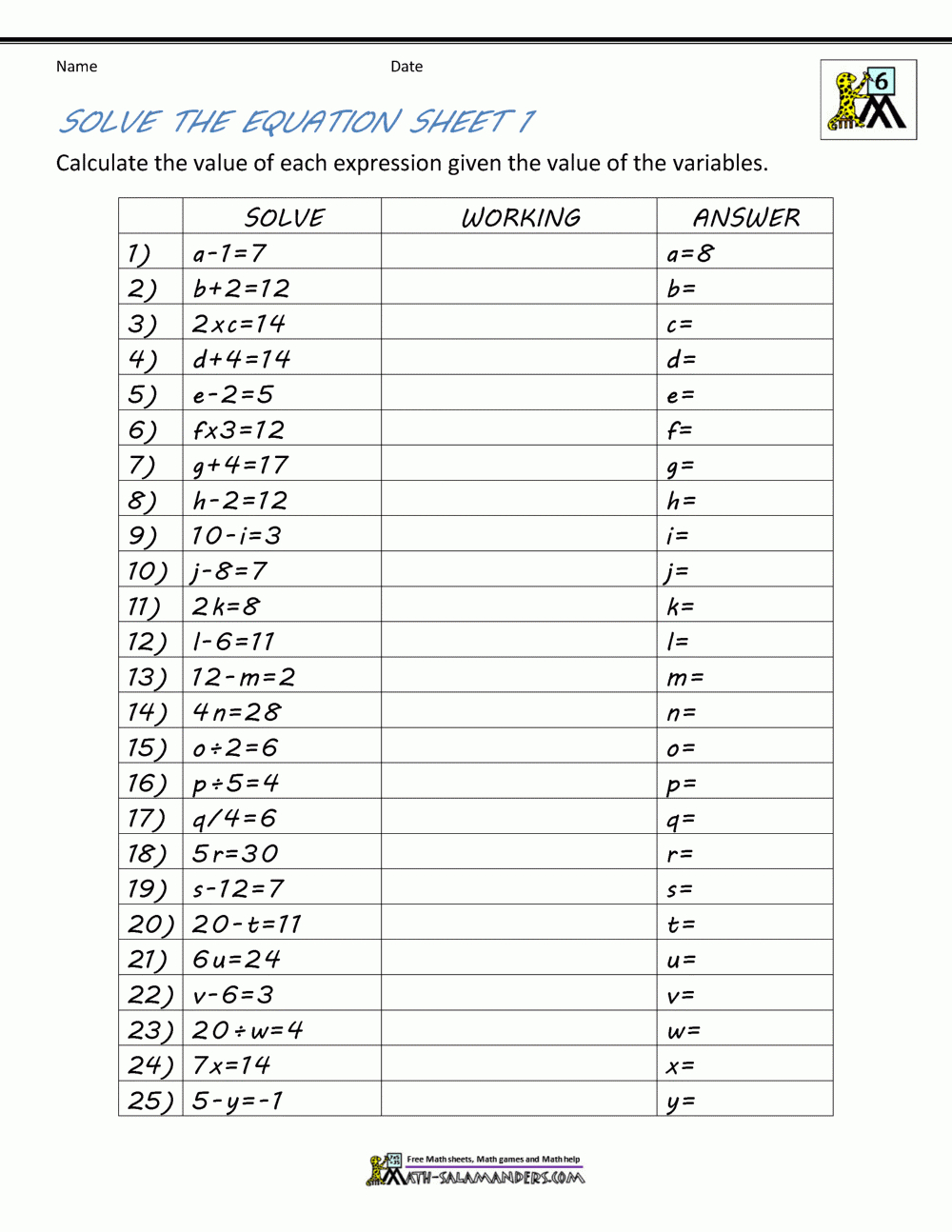 Online Math Worksheets That Are Printable For Algebra 1