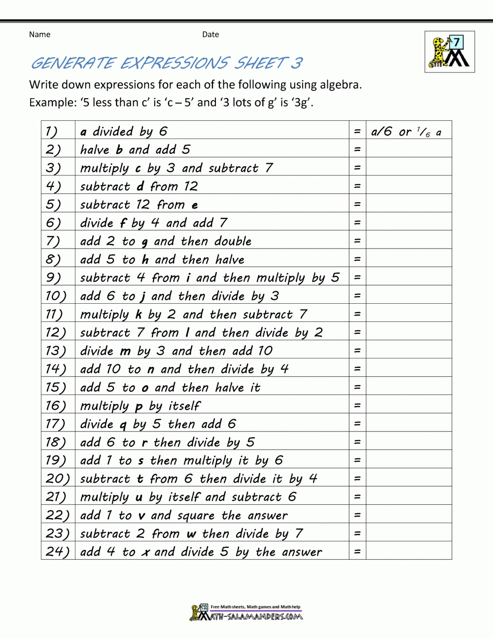 Fun Printable Algebra Worksheets