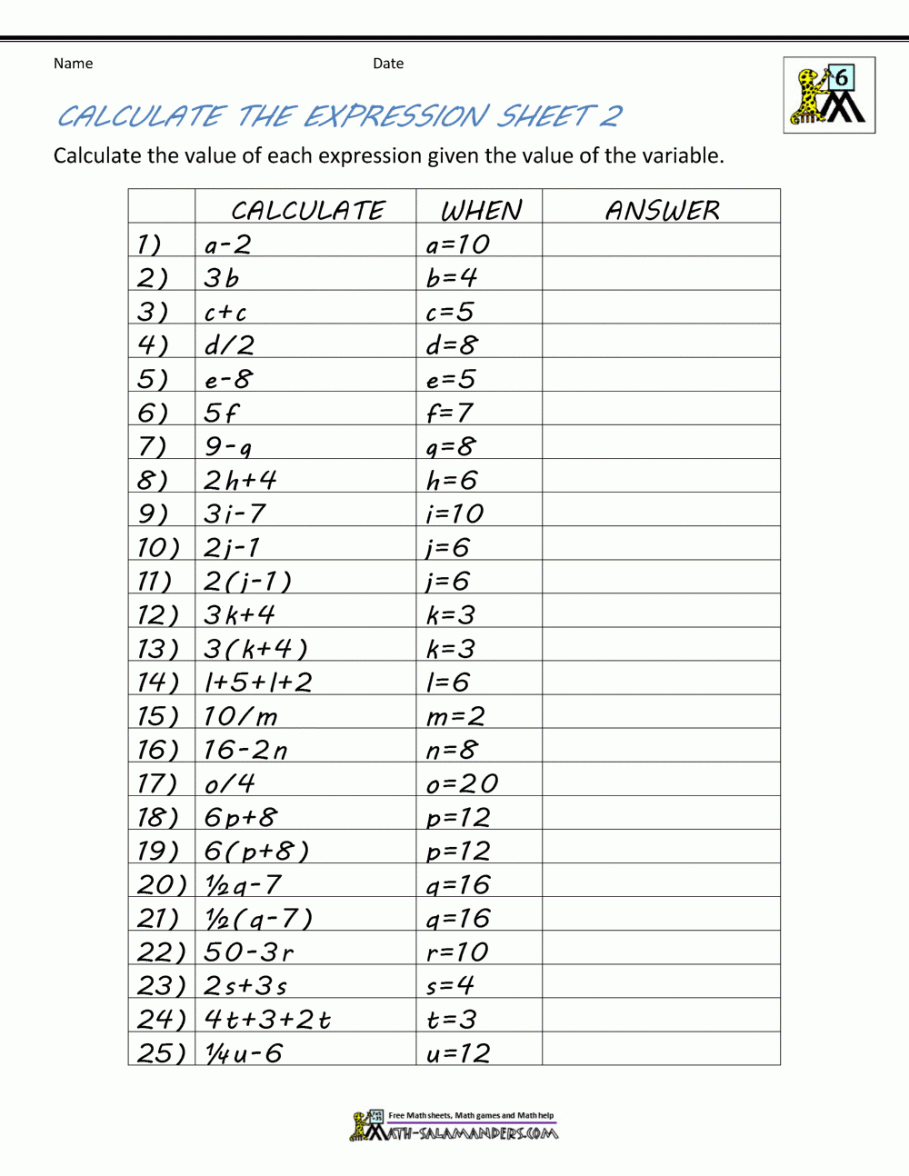 Basic Algebra Worksheets