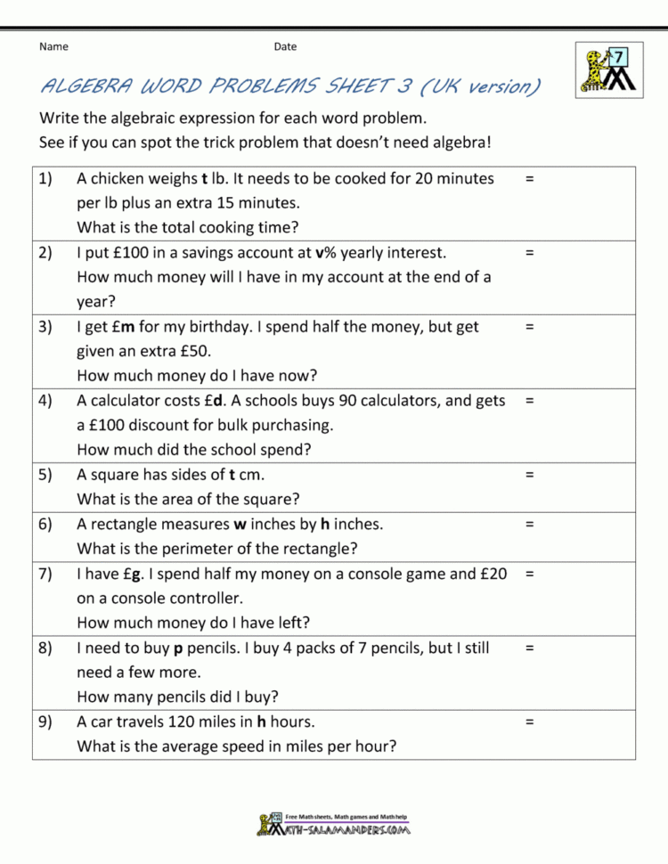 Basic Algebra Worksheets