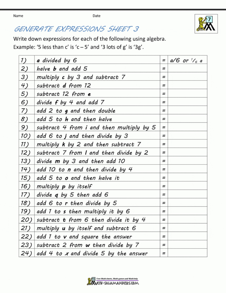 Algebra 1 Worksheet 1 5 Translating Expressions Answer Key