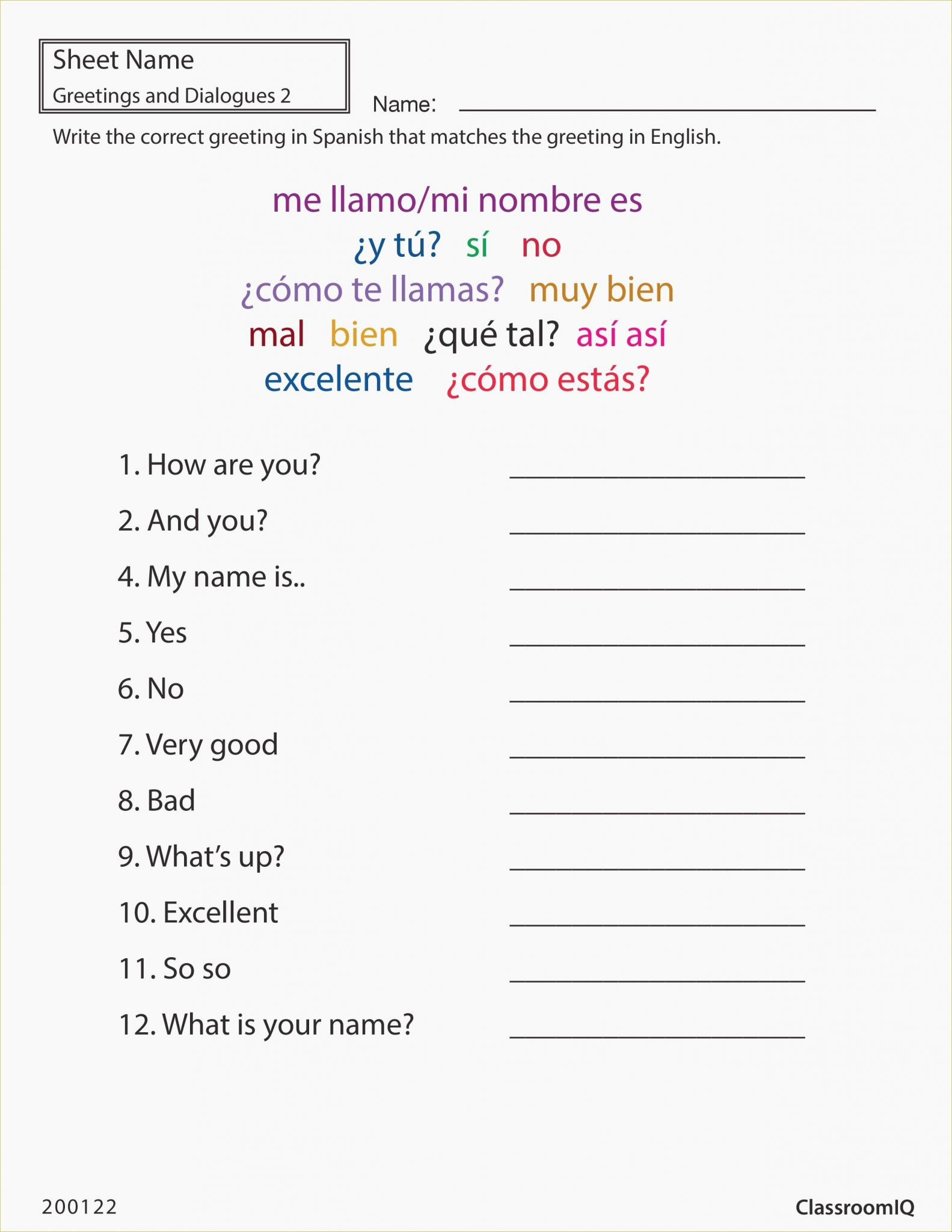 Basic Spanish To English Worksheets Free