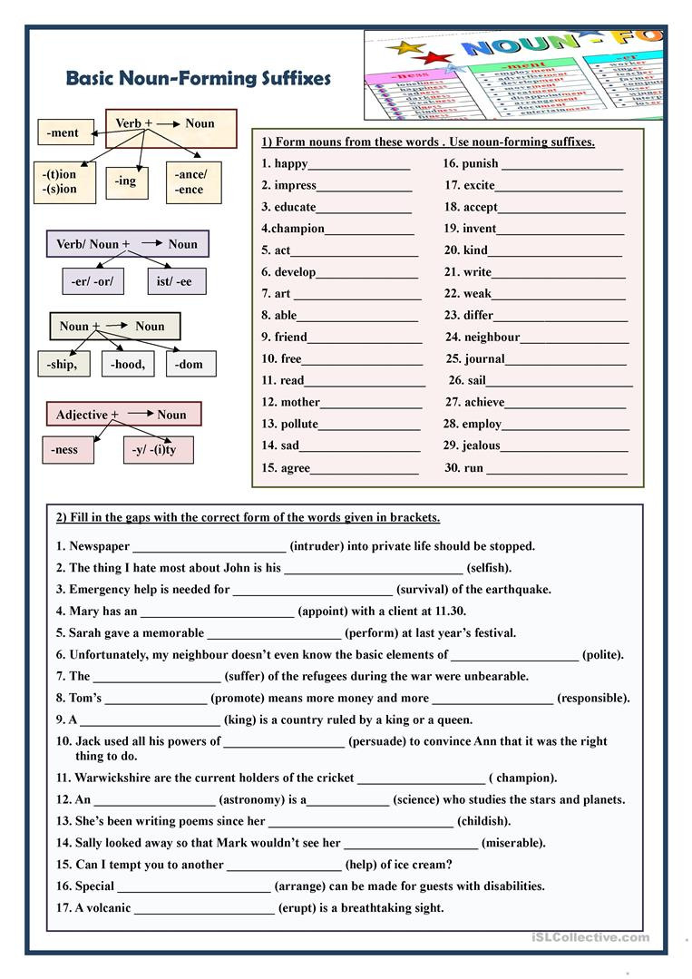 Basic Nounforming Suffixes  English Esl Worksheets