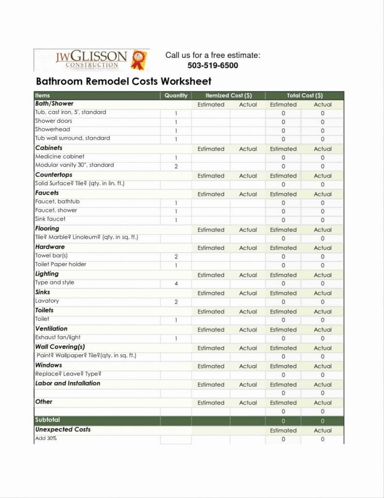 Bathroom Remodel Budget Spreadsheet Sheet Renovation
