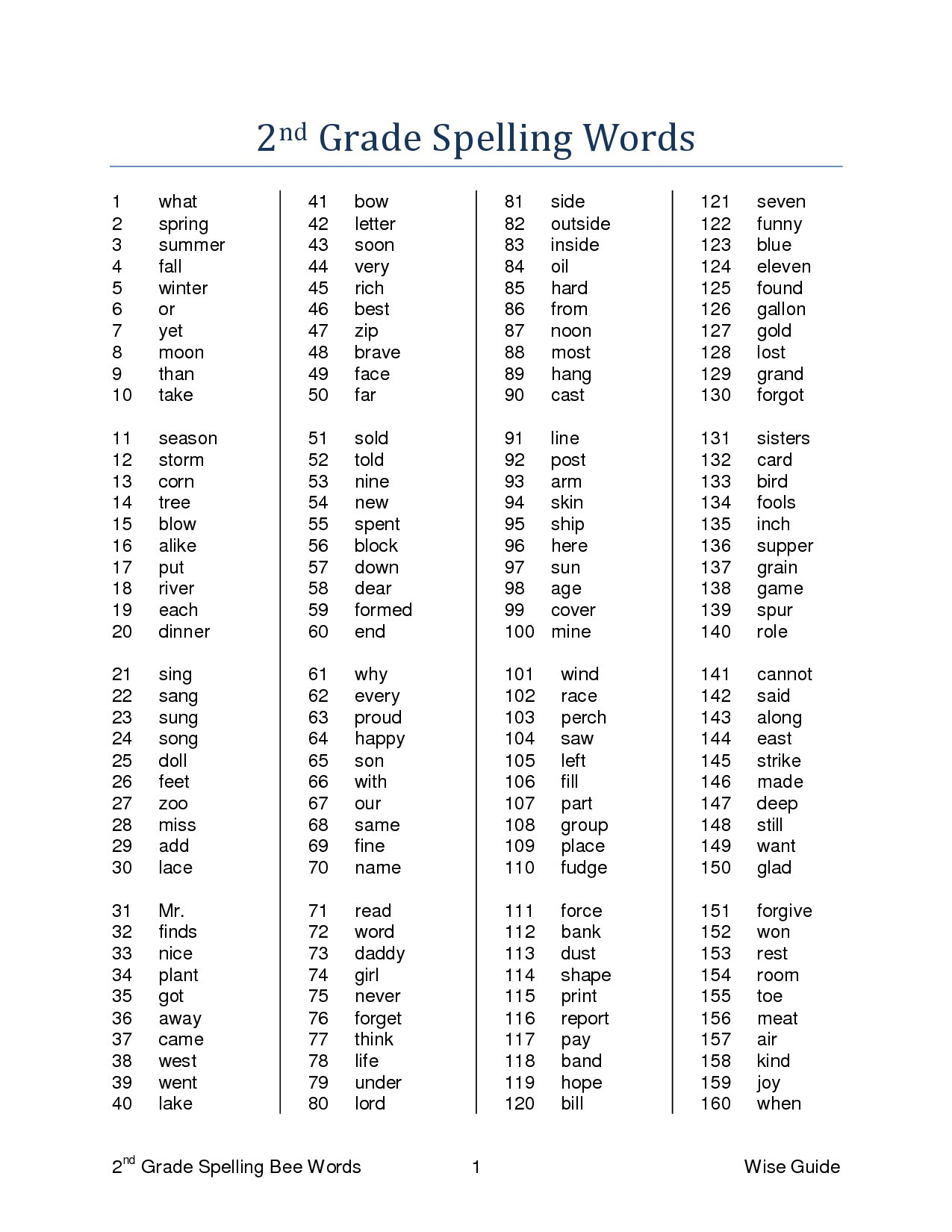 2nd Grade Spelling Words Free Printable