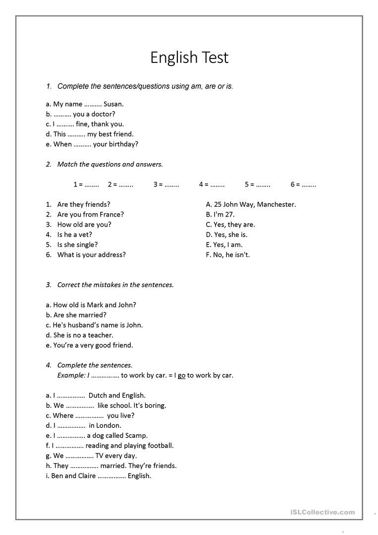 Beginner English Test  English Esl Worksheets