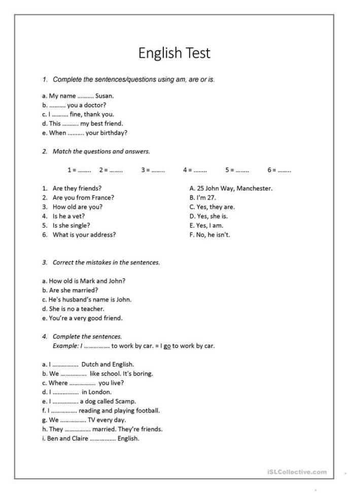 Beginner English Test  English Esl Worksheets