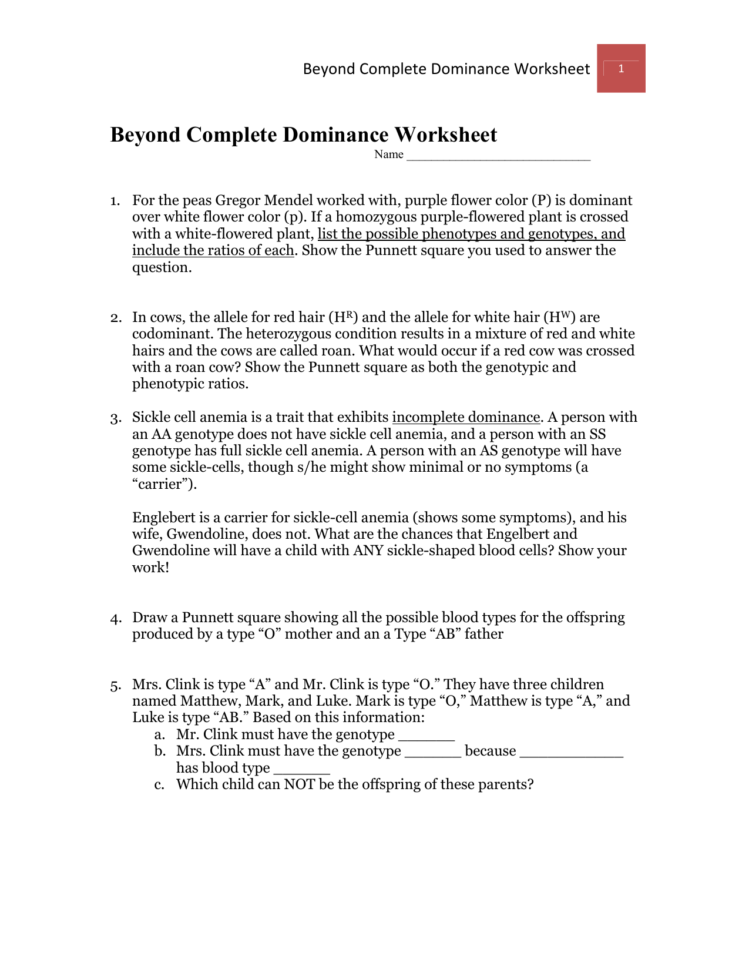 Beyond Complete Dominance Worksheet