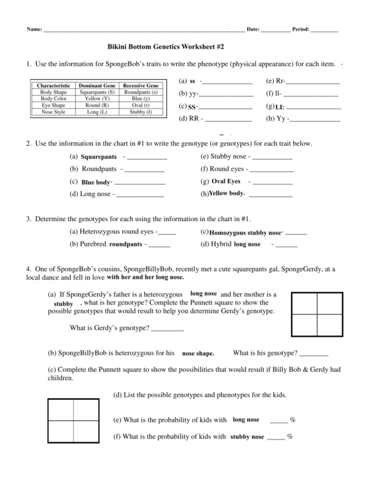 Bikini Bottom Genetics 2 Name Use Your Knowledge Of