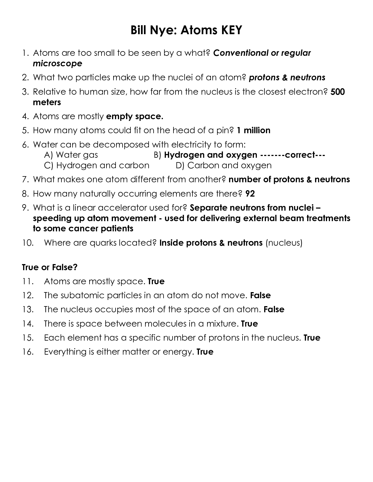 Bill Nye Atoms Worksheet Answers