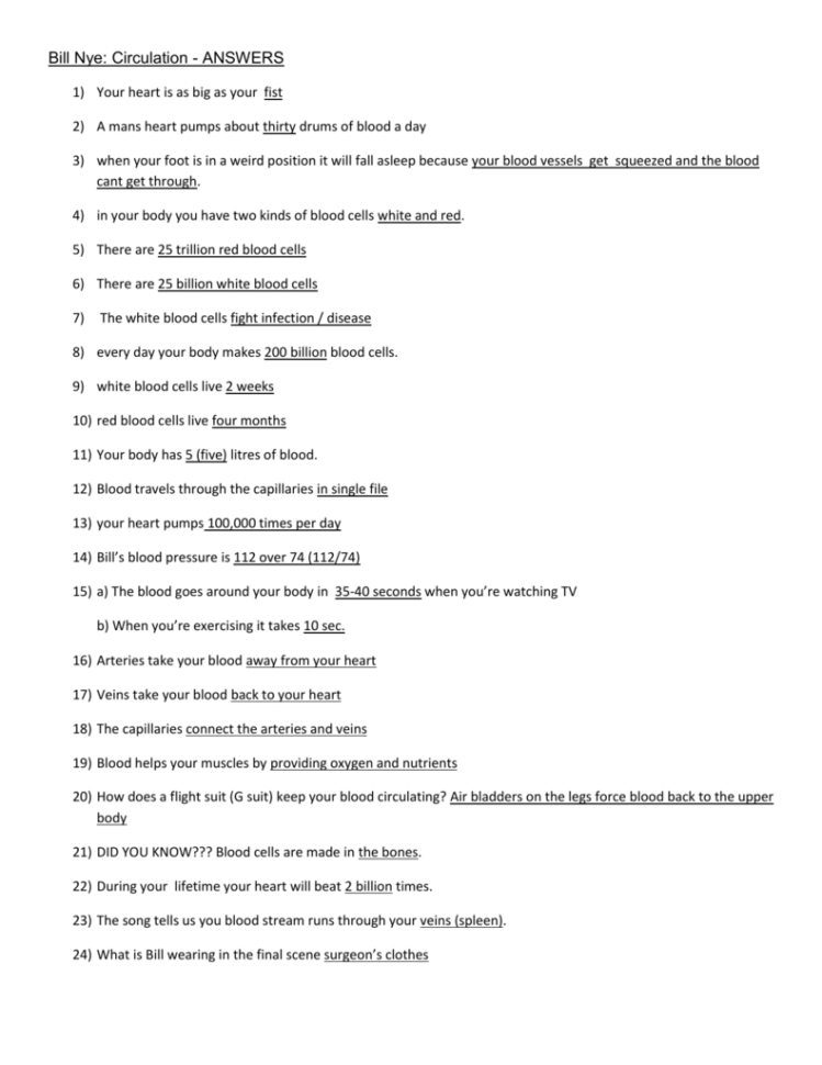 Bill Nye Circulation  Answers 1 Your Heart Is As Big As